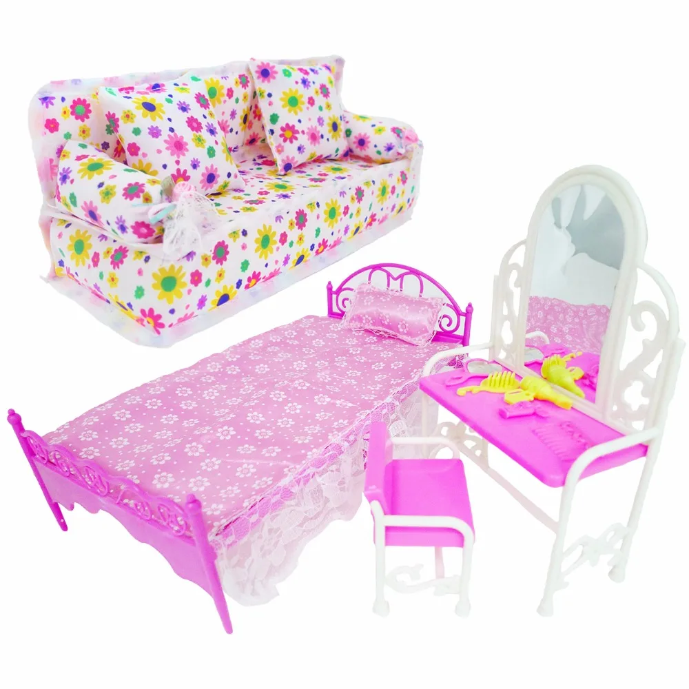 3 Items / Lot = 1x Pink Mini Doll Bed + 1x Fashion Dresser + 1x Family