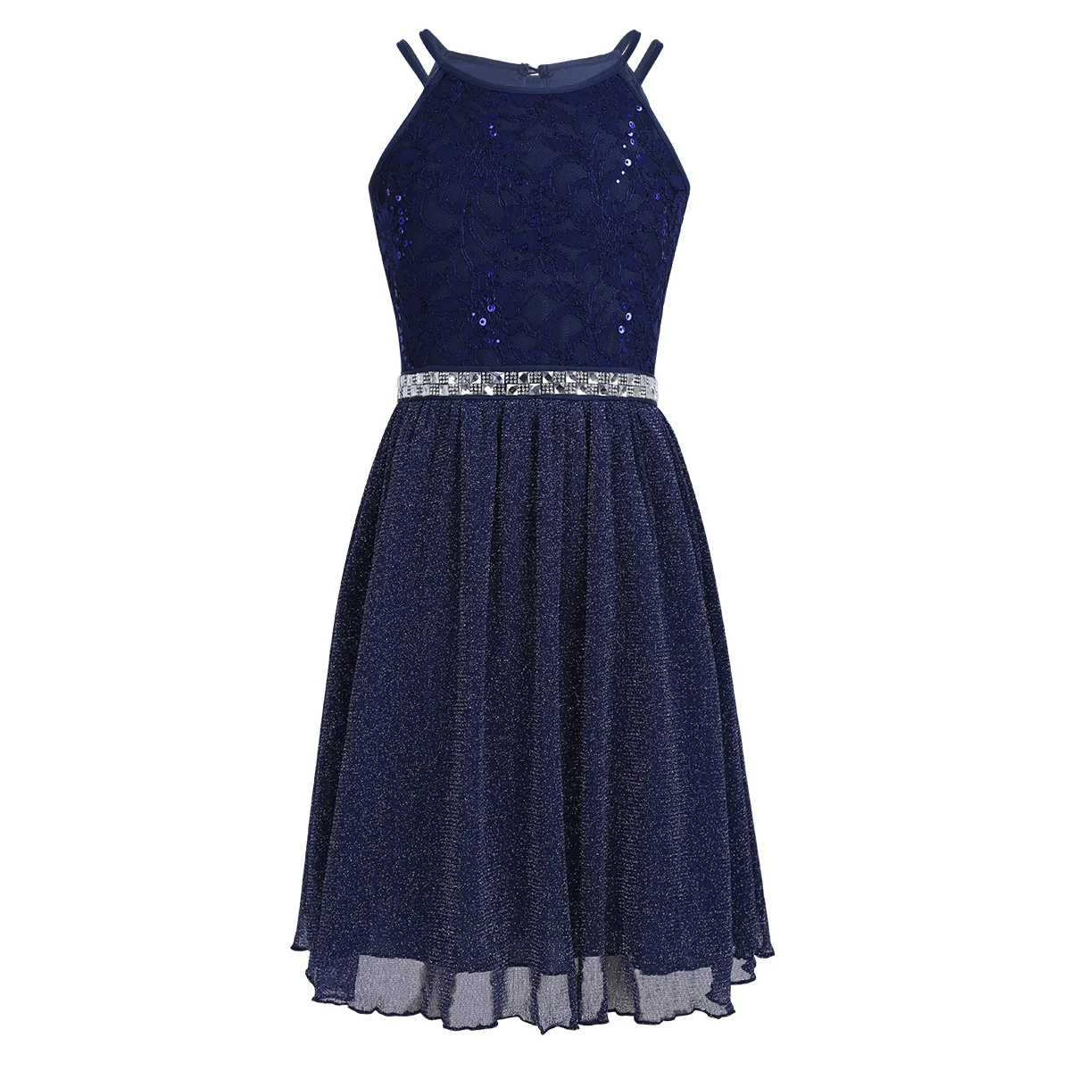 6-14 Years Kids Girls Sleeveless Sequined Floral Lace Shiny Princess Tulle Dress for Birthday Party Summer Prom Clothes - Цвет: Navy Blue