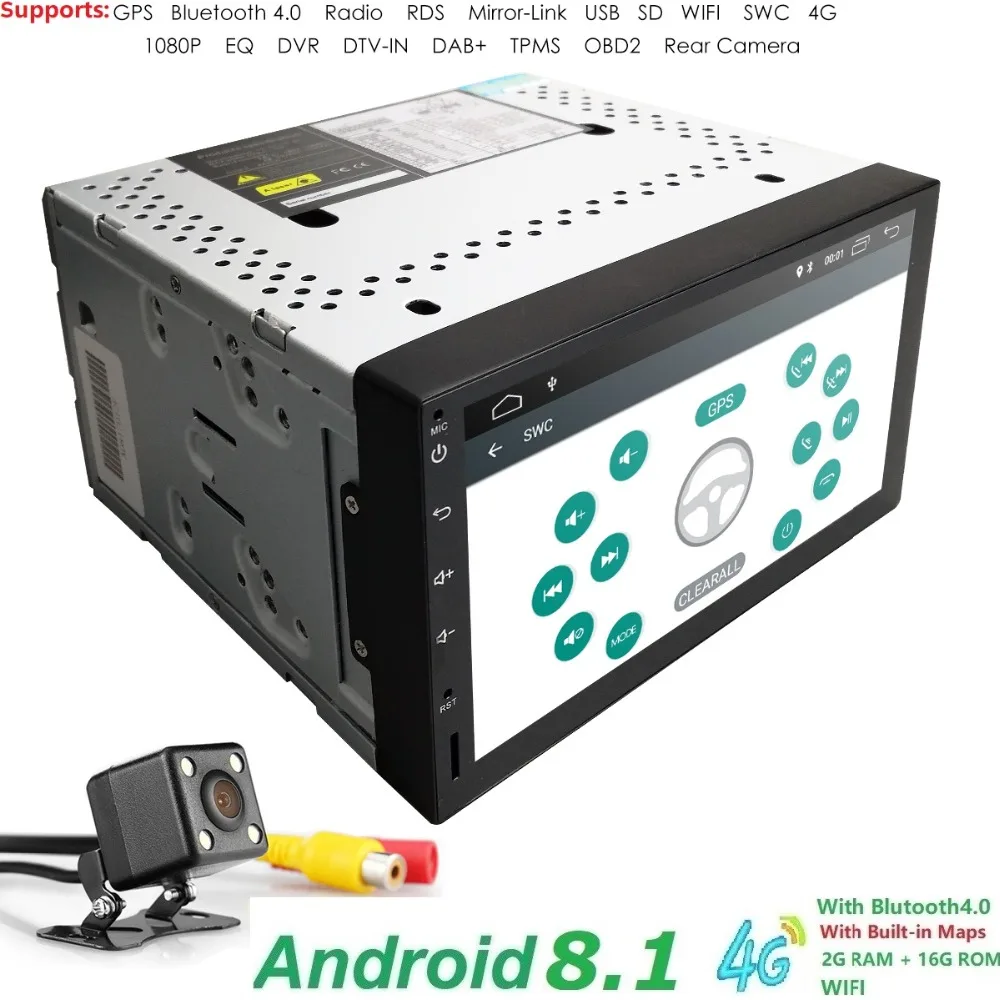 

QuadCore Android8.1 car 2din universal Car Monitor Multimedia Player GPS Navigation steering wheel Bluetooth Mirror-link DVR DTV