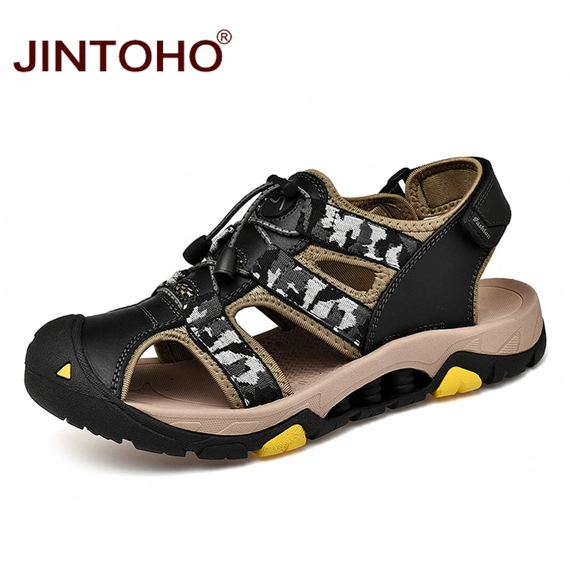 

JINTOHO Summer Genuine Leather Shoes Fashion Men Leather Sandals Summer Beach Shoes Casual Male Sandals 2019 Beach Sandals