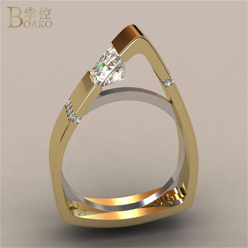 

BOAKO Triangle Rings for Women Simple Geometric Zircon Crystal Rings Gold and Silver Color Wedding Engagement Ring Party Jewelry