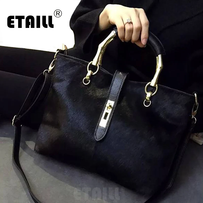 2017 Horsehair Leather Handbags Large Black Shoulder Bags Designer Famous Brand Crossbody Bags Lady Winter Bags
