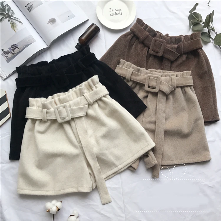 

New Casual Comfortable Elegant Wild Shorts With Belt Women's Woolen Shorts Autumn Winter Slim Wide Leg A-line Shorts Bigsweety