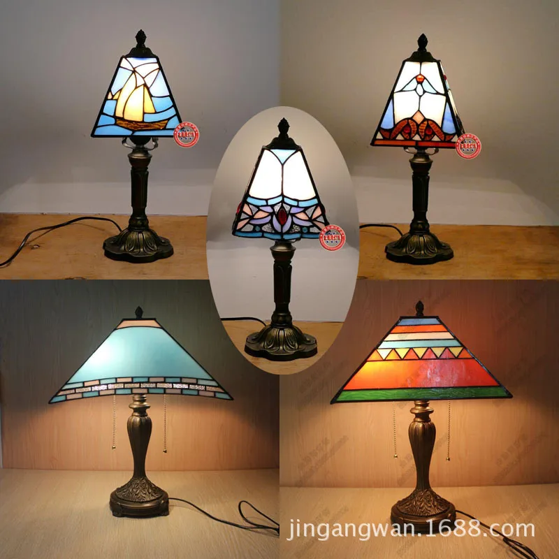 

European Tiffany Mediterranean Resin Base Bedroom Bedside Lamp Dimmer Colored Glass Lampshade Art Table Lamp