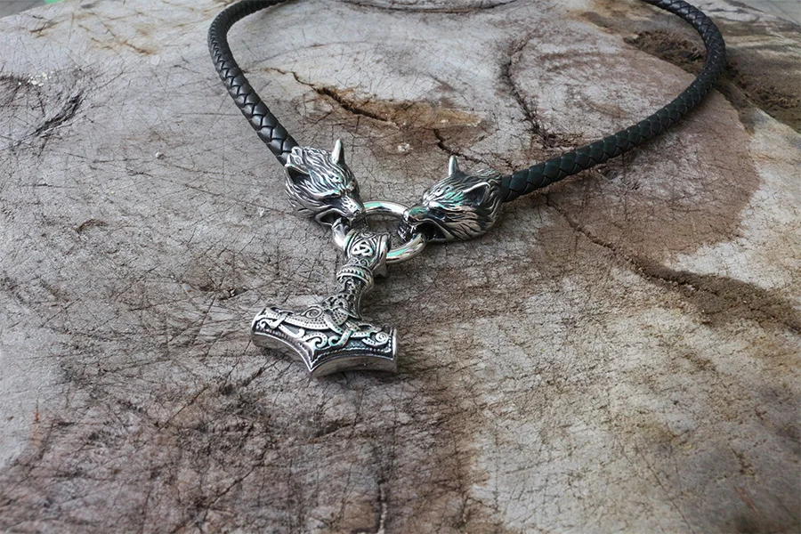 Men stainless steel necklace viking wolf head with thor's hammer mjolnir necklace pendan norse talisman ethnic jewelry