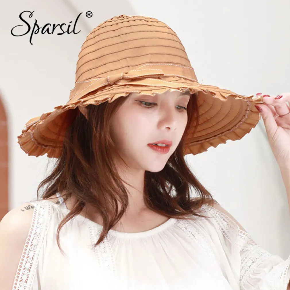 

Sparsil Women Soild Color Fold Hat With Bow Summer Pleated Canvas Foldable Cap Wide Brim Sun Protection Sunshade Beach Chapeau