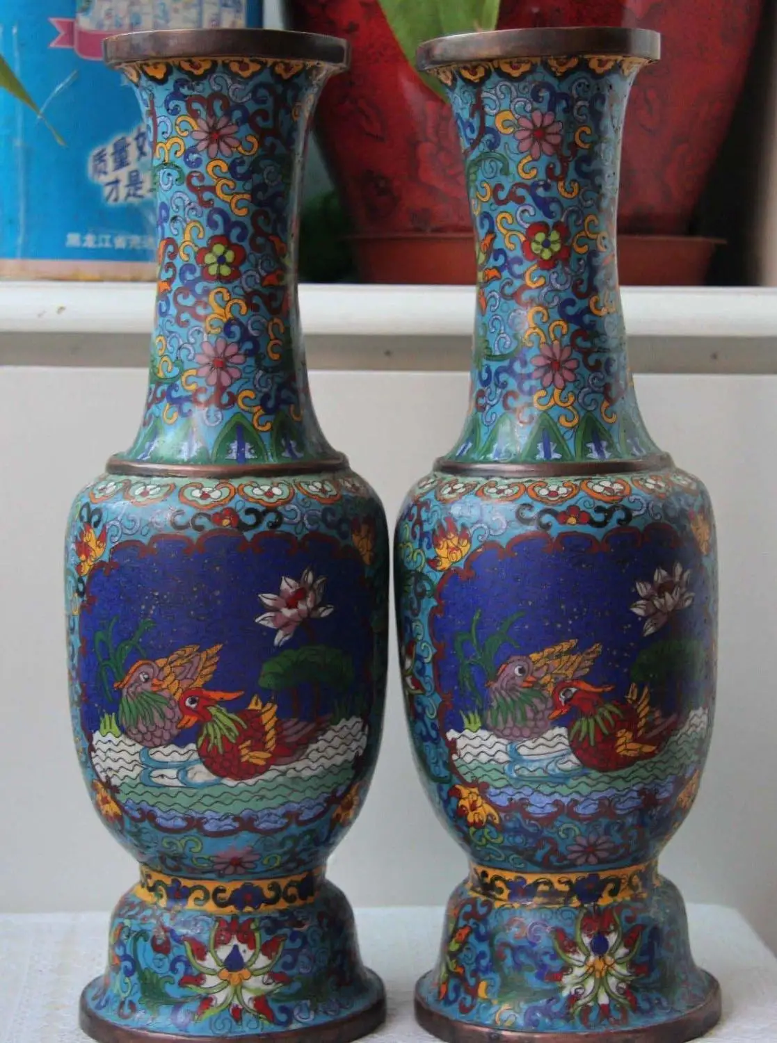 

China Palace Old Copper Bronze cloisonne mandarin duck Bird Bottle Pot Vase Pair