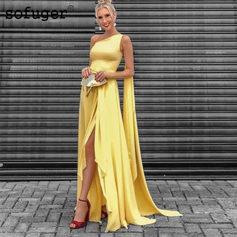 

Women's Formal Dresses 2019 Satin Evening Gowns One Shoulder Cape A Line Prom Dress Sexy High Split Gala Celebrity Cheap Robe