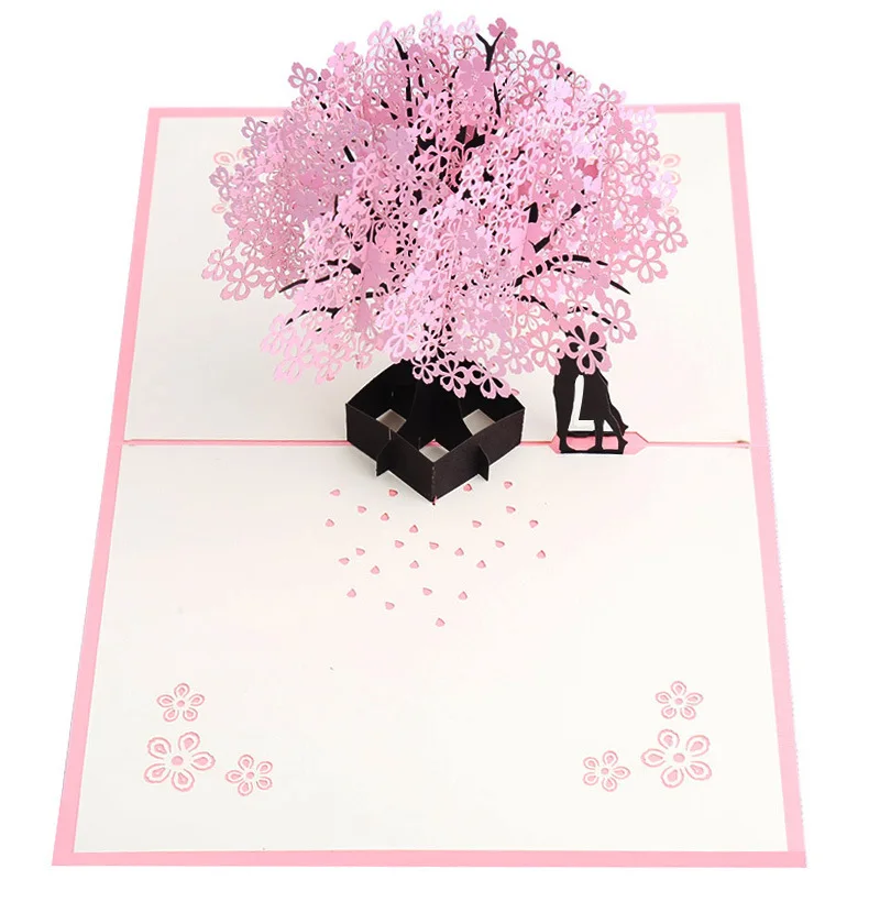  3D Romantic Cherry Blossom Greeting Cards Word Message Wishes With Envelopes Birthday Wedding Invit - 32978717461