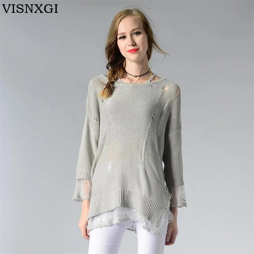 VISNXGI 1PC Lace Holes Knitted Pullover Sweaters Women Sweaters And