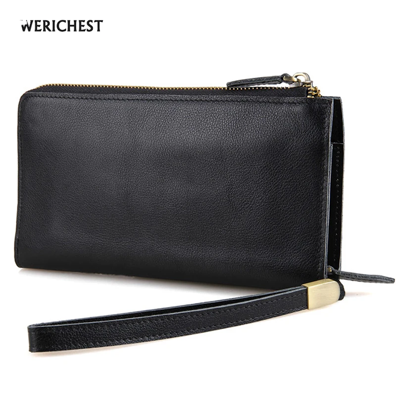 

WERICHEST Brand Zipper Wallet Men Black Genuine Leather Clutch Wallet Male Purses Large Capacity Carteira with Phone Bag