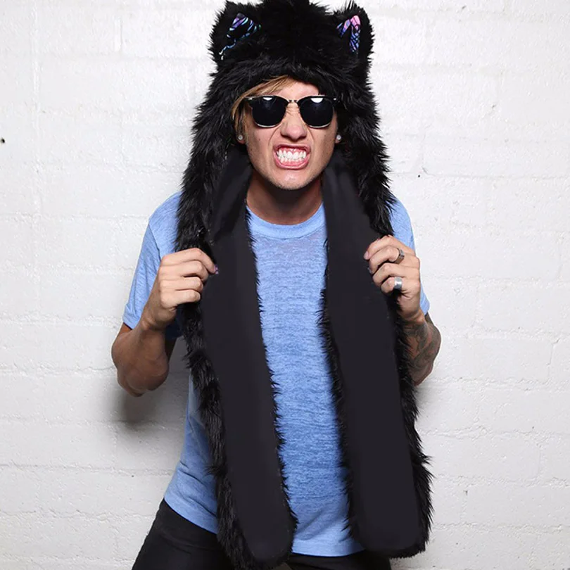 Women Men Faux Fur Hooded Scarf Hats Gloves 3-In-1 Set Cartoon Animal Thermal Beanie Hat Earflaps Long Scarfs Furry Trapper Hat Collar Scarf Mittens With Cute Ears And Bear Paws Christmas Gift
