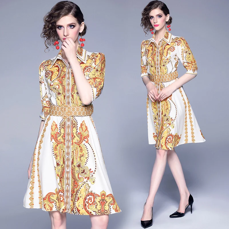 

New summer retro print bubble sleeve waist yellow dress Designer Dresses Runway casual female dress