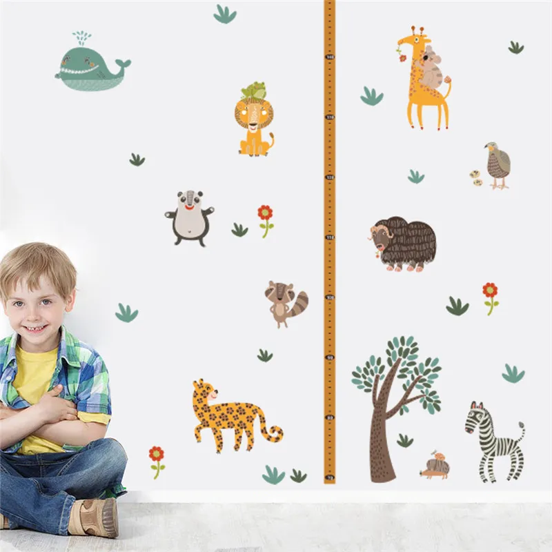 Jungle Wild Zoo Animals Height Measure Wall Stickers For Kids Room Safari Growth Chart Monkey Lion Wall Decal Poster Mural