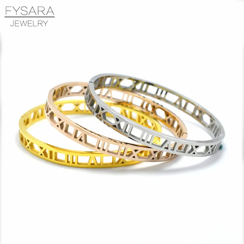 

FYSARA Fashion Charm Bijoux Hollow Roman Numerals 316L Stainless Steel Bangle Gold Color Bracelet For Women Jewelry Cuff Bangles