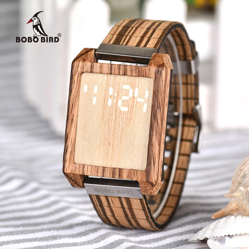

BOBO BIRD Wooden Watches LED Display With Touch Screen Elegant Wristwatch Rectangle Shape C-eQ25