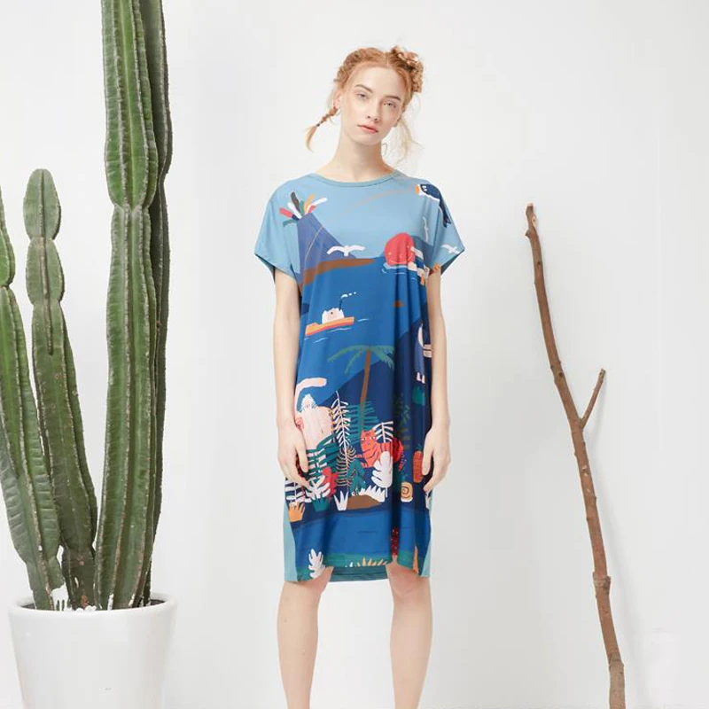 

Summer New Chiffon Dress Women Short Sleeve Loose Back Cotton Patchwork Design O Neck Casual Loose Girl's Dresses Printed