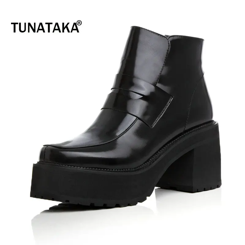 

Woman Genuine Leather Platform Square High Heel Ankle Boots Fashion Round Toe Side Zipper Party Winter Boots Black