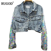 RUGOD шикарный воротник с блестками, рукав, джинсовая куртка, Женская винтажная куртка-бомбер с длинными рукавами, повседневная Осенняя короткая куртка, chaqueta mujer