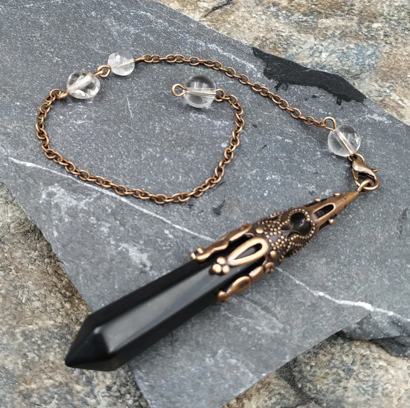 

Natural Black Obsidian Quartzs Stone Healing Point Pendulum Chain M0087