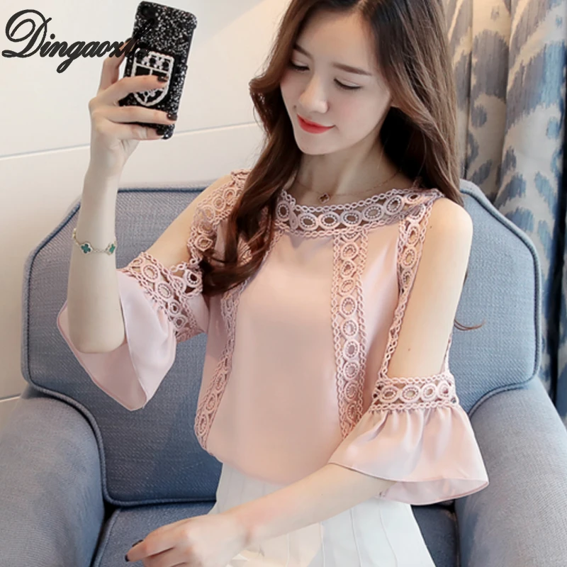 

Dingaozlz 2019 new fashion hollow out stitching chiffon blouse sexy lace tops korean women clothing casual chiffon shirt
