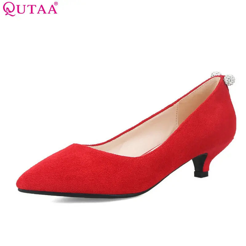

QUTAA 2018 Women Pumps Thin High Heel Pointed Toe Women Shoes Slip on Cow Suede Fashion All Match Women Wedding Pumps Size 34-43