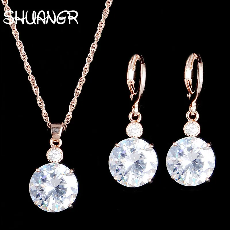 

SHUANGR New Arrival Round Clear Crystal Set Gold Color Pendants Necklaces /Earrings Stud 2pcs Jewelry Set/Arete H327