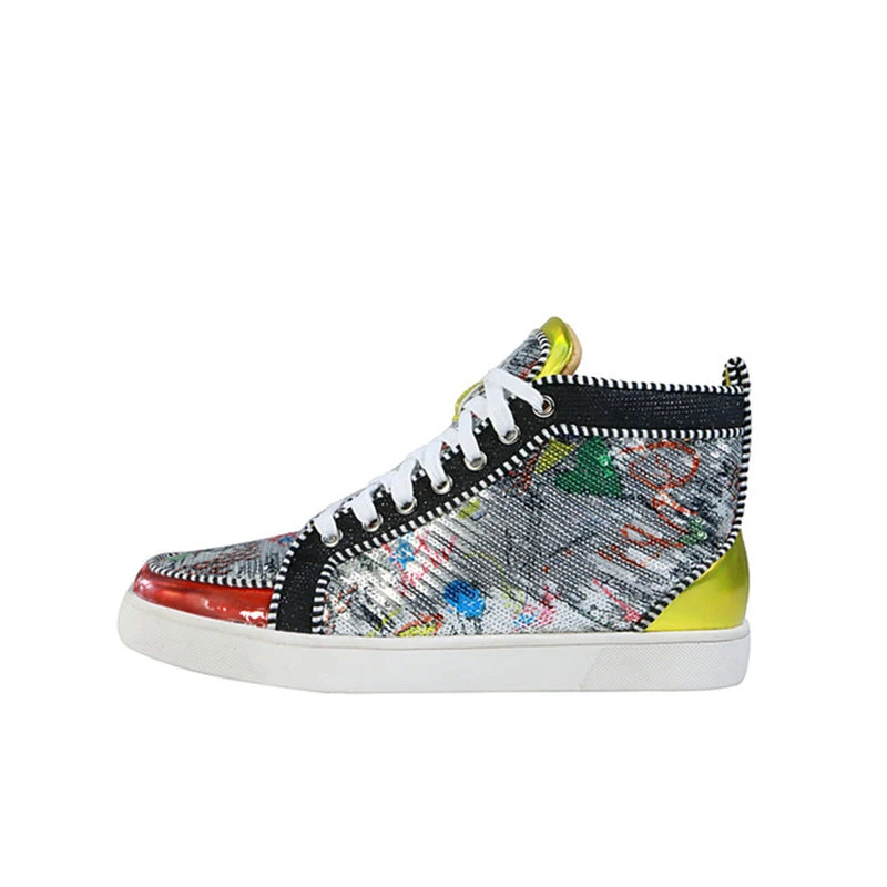 

Graffiti Men Flats Brightest Shoes Leisure Men Shoes High Top Casual Sneakers Mixed Color Round Toe Leather Fashion Top Quality