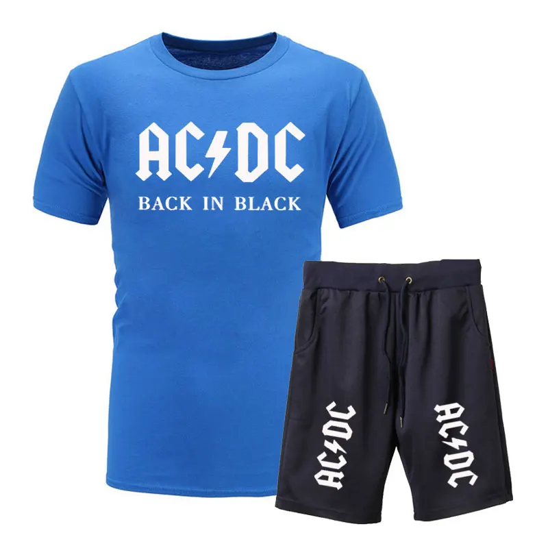 Новая брендовая одежда, AC/DC, Мужская футболка, Swag, футболка, хлопок, Мужская футболка и шорты, Homme, для фитнеса, Camisetas, хип-хоп, футболка, 2 предмета - Цвет: blue navy 1