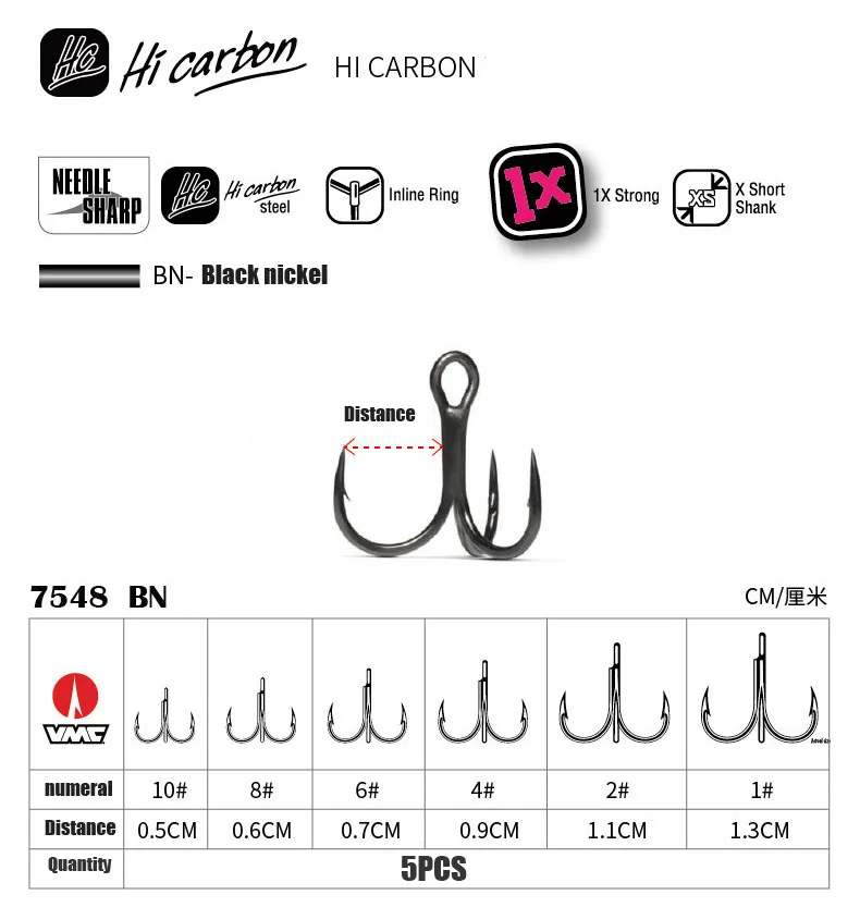 VMC 7548BN рыболовного крючка 5 шт./лот 1/2/4/6/8/10# с высоким содержанием углерода Сталь тройные Крючки рыболовные снасти черный Никель рыболовный крючок