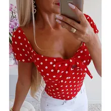 Hot 2019 Boho Women Polka Dot Print Short Sleeve T-Shirt Bow Bodycon Ruffles Low Cut V Neck Fashion Ladies Summer Casual Tops casual boy s short sleeve polka dot pattern print t shirt