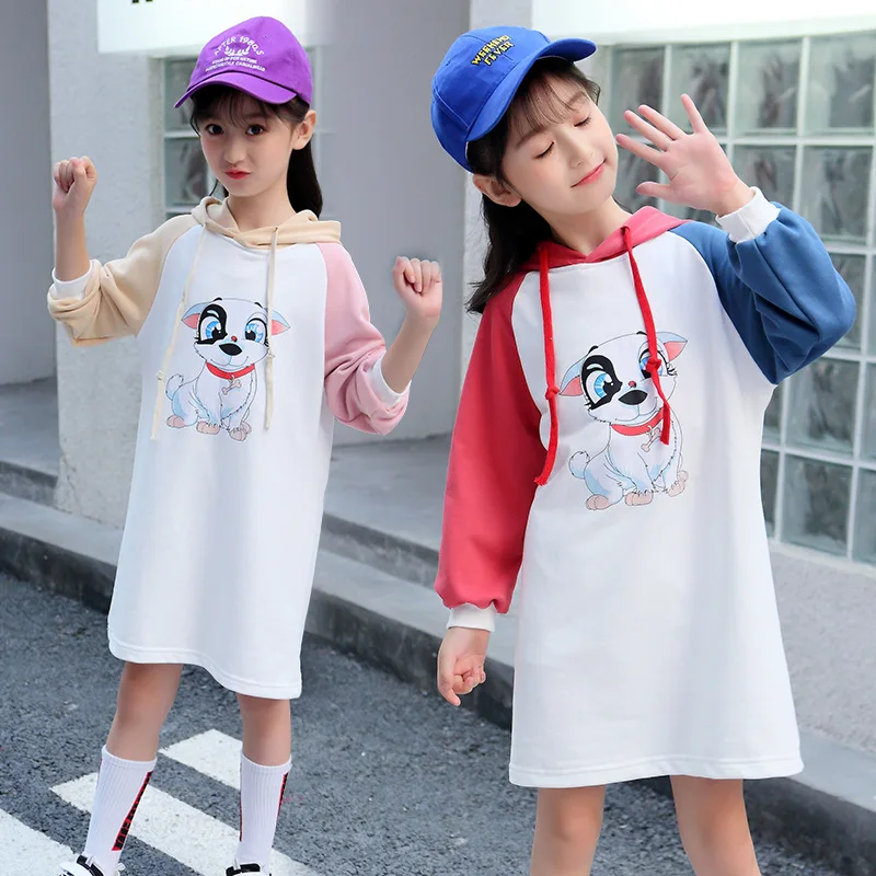 

4-12Y Girl T-shirt Spring/Autumn Korean Version Long Sweater Children Color Matching Cartoon Cotton Long-sleeved Sweater Dress