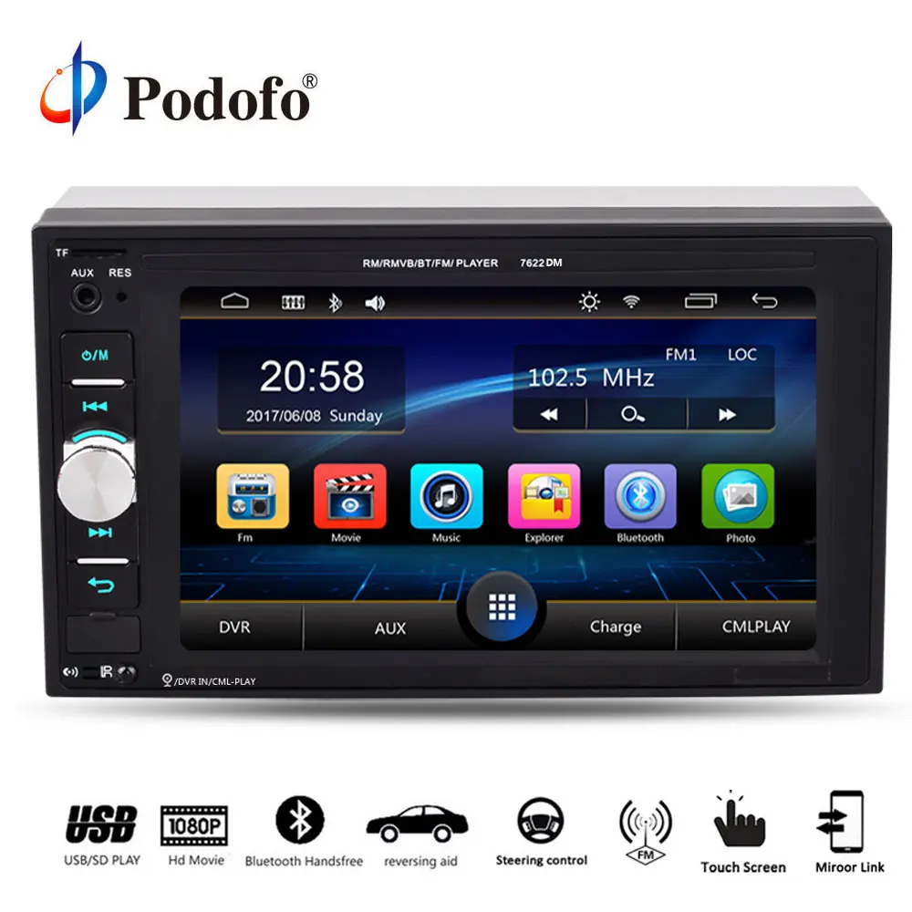

Podofo 2 din Car Radio Bluetooth Touch Screen AUX IN USB TF MP5 Player Rear Camera 6.2 inch Audio Stereo 2DIN Radios Mirror Link