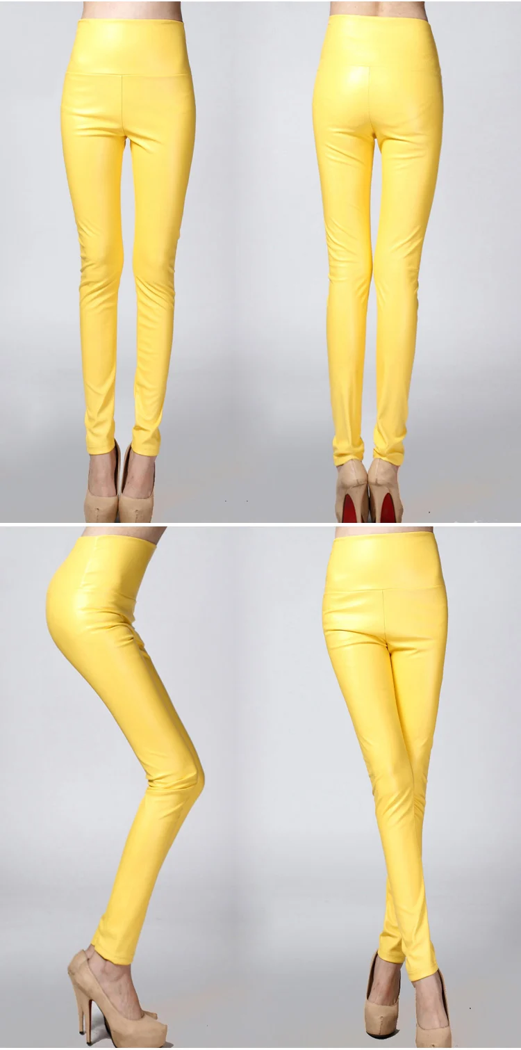 Autumn and winter large size with fleece PU color imitation leather leggings high waist tight leather trousers for women slim (24)