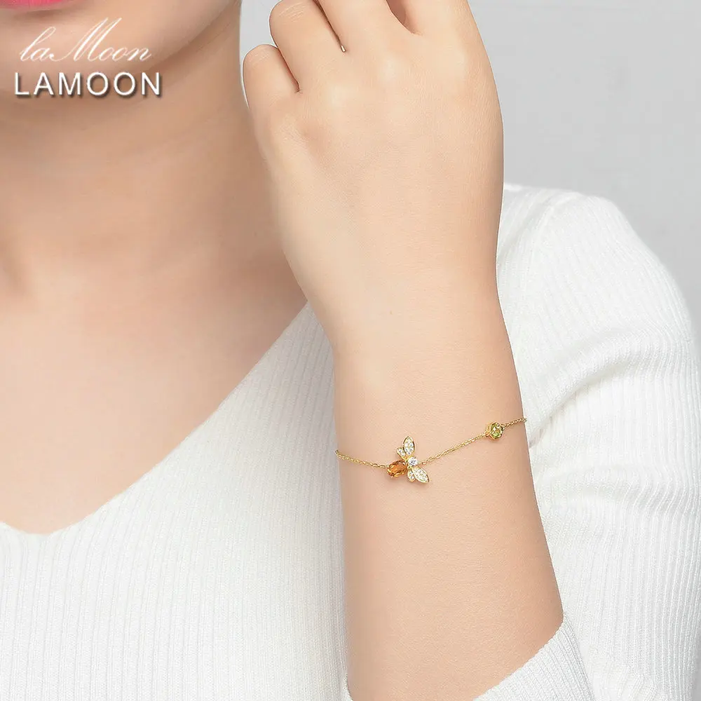 LAMOON- Bee 5X7mm 100% Natural Oval Citrine 925 Sterling Silver Jewelry Chain Charm Bracelet S925 LMHI002