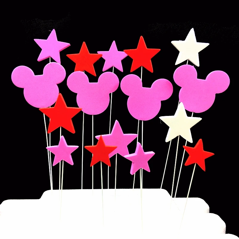 1Set/lot Cute Minnie Mickey Mouse Head Star Cake topper Fondant Wire+Sponge Foam Flag Kids Birthday Party Decoration Supplies