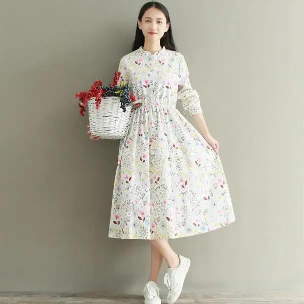 

Sweet Spring Autumn Women Elegant Dress Stand Collar Floral Print Female Vestidos Full Sleeve Corduroy Maxi Long Dresses DC669
