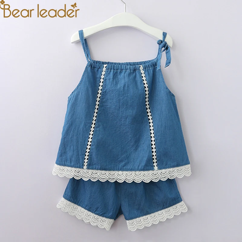 Bear leader/комплекты одежды для девочек г., летний корейский ковбойский Топ без рукавов с кружевной отделкой+ джинсовые шорты набор для детей от 2 до 6 лет