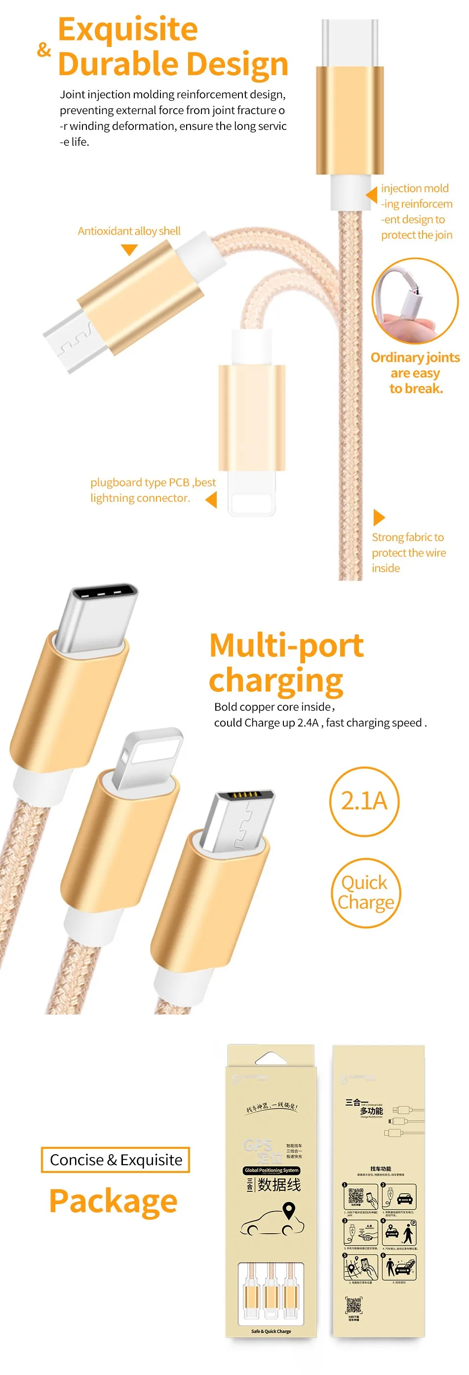 Usb-кабель для зарядки Max 2A с gps отслеживанием для автоматического определения местоположения через бесплатное приложение и микро свет тип-c Мульти usb порт и сильная ткань