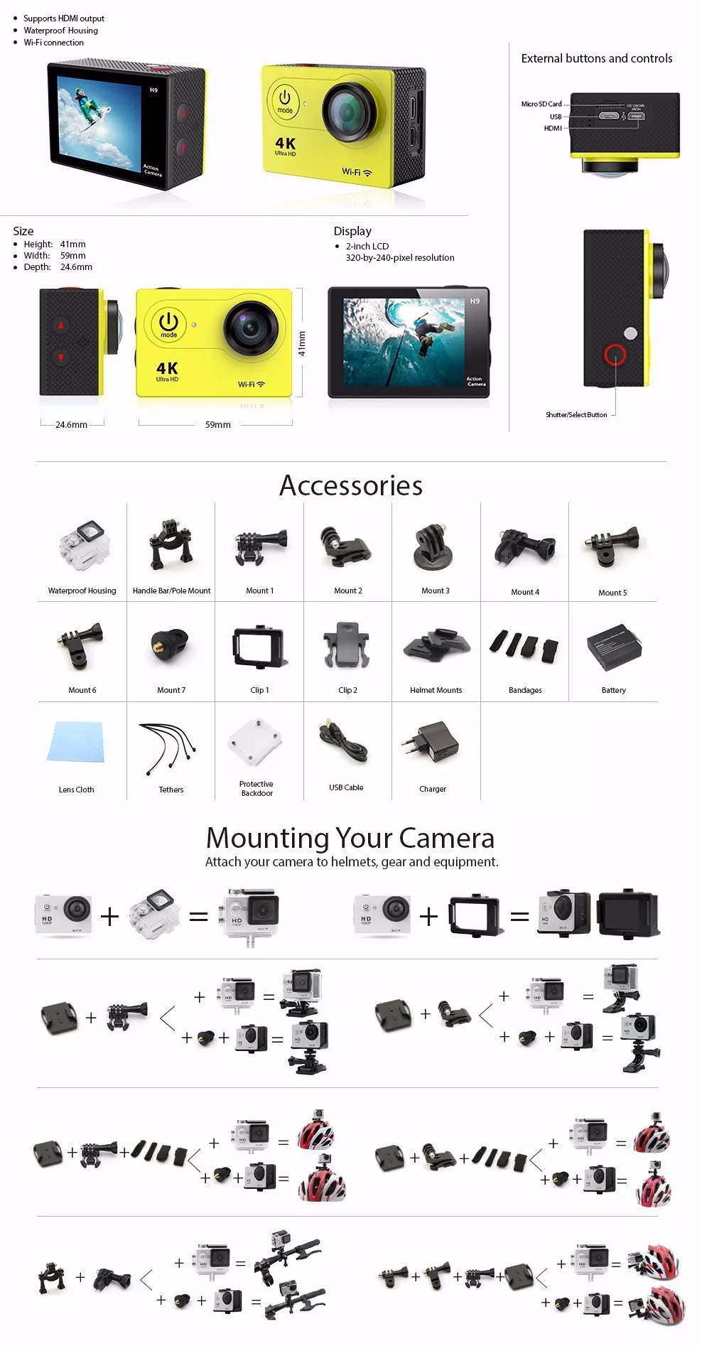 4K HD 1080P спортивная мини-камера, водонепроницаемая камера, Wifi, видеокамера, шлем Go pro, стиль для Xiao Mi Yi, водостойкая видеокамера