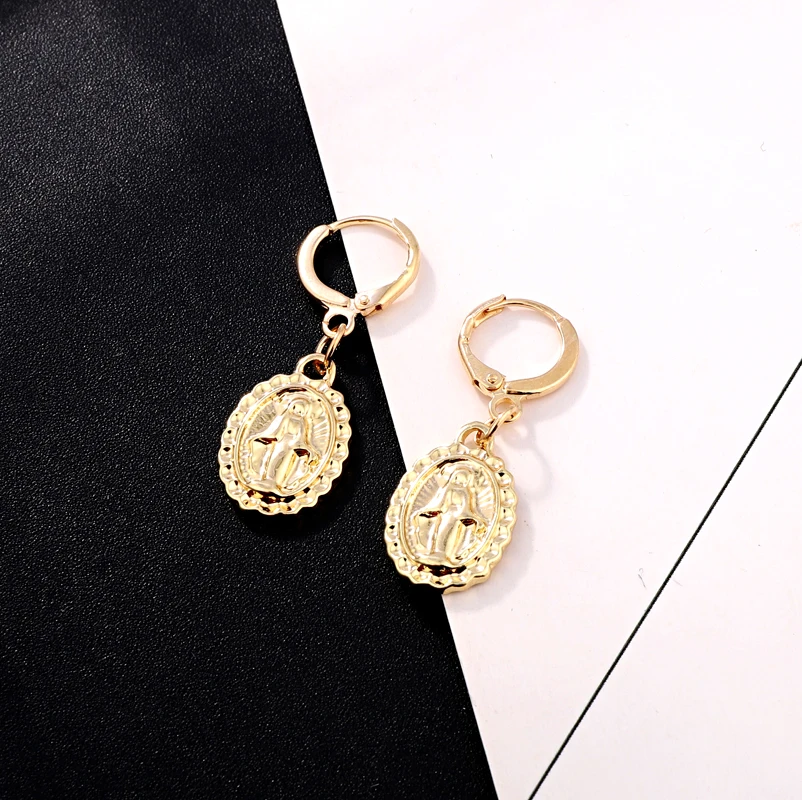 Dayoff Europe Round Gold Silver Virgin Mary Hoop Earrrings Female Vintage Earstud Women Jewelry Charms Figure Ear Ring E599