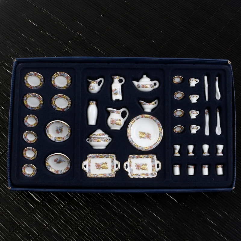 42pcs 1:12 DollHouse Miniature Mock-up Furniture Kitchen Model Chinese Dishes Porcelain Tableware Toy Accessories Flower Cherry 1 12 dollhouse miniatures furniture re ment refrigerator hearth integral kitchen lampblack machine