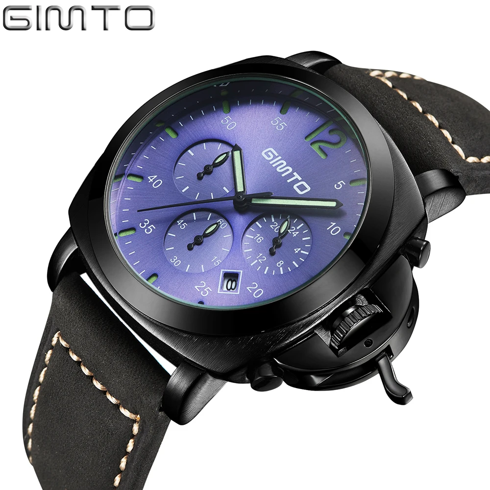 

2018 Mens Watches Luxury Brand GIMTO Men Military Sport Chronograph Wristwatch Leather Quartz Watch Male hour Clock relogio masc