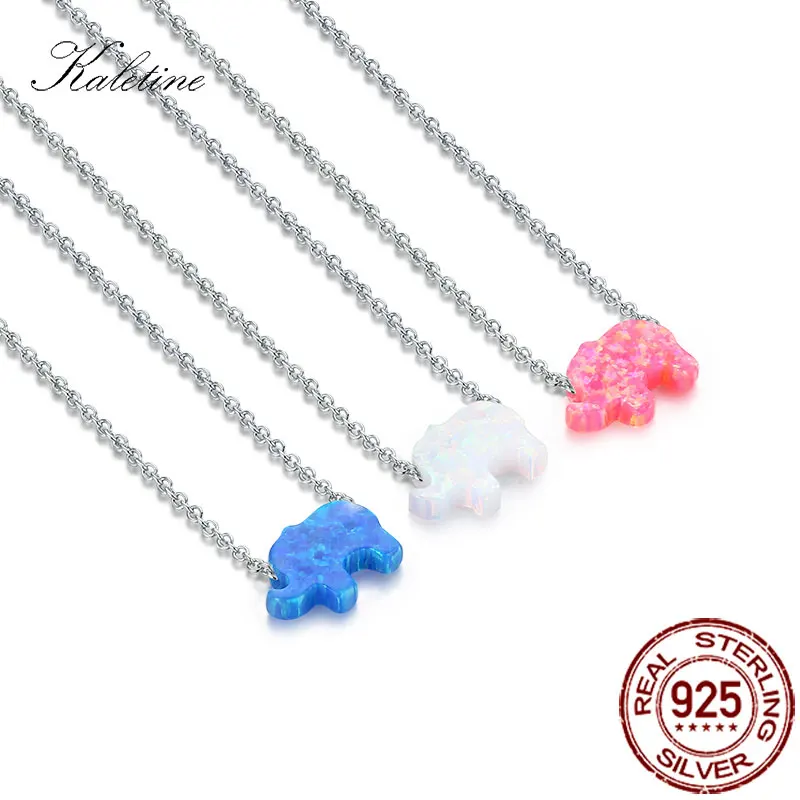 

KALETINE Genuine 925 Sterling Silver Necklace White Blue Pink Opal Charm Elephant Pendant Necklace Women Cute Animal Jewelry