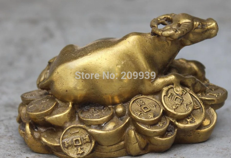 

huij 006701 4" Chinese Bronze Feng Shui Animal Wealth Yuanbao Money cattle ox moo-cow Statue (A0314)