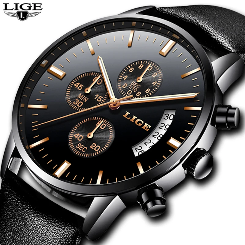 Mens Watches LIGE Top Brands Luxury Men's Chronograph Dates Waterproof Watches Men's Casual Sports Watches Black Quartz Clocks 