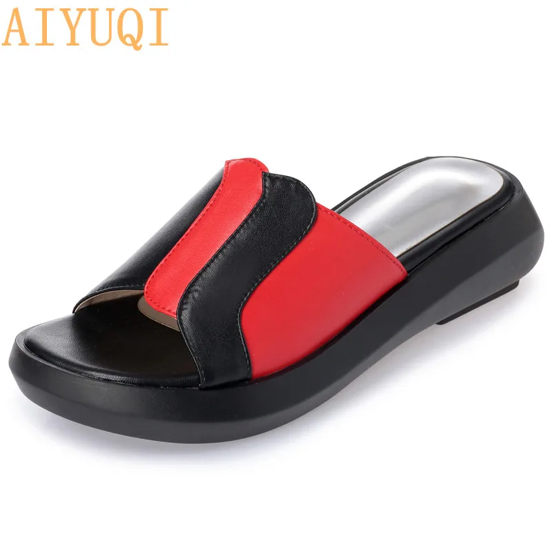 

AIYUQI Women slippers summer 2019 new women sandals genuine leather Mixed colors flat casual platform open toe footwear Female