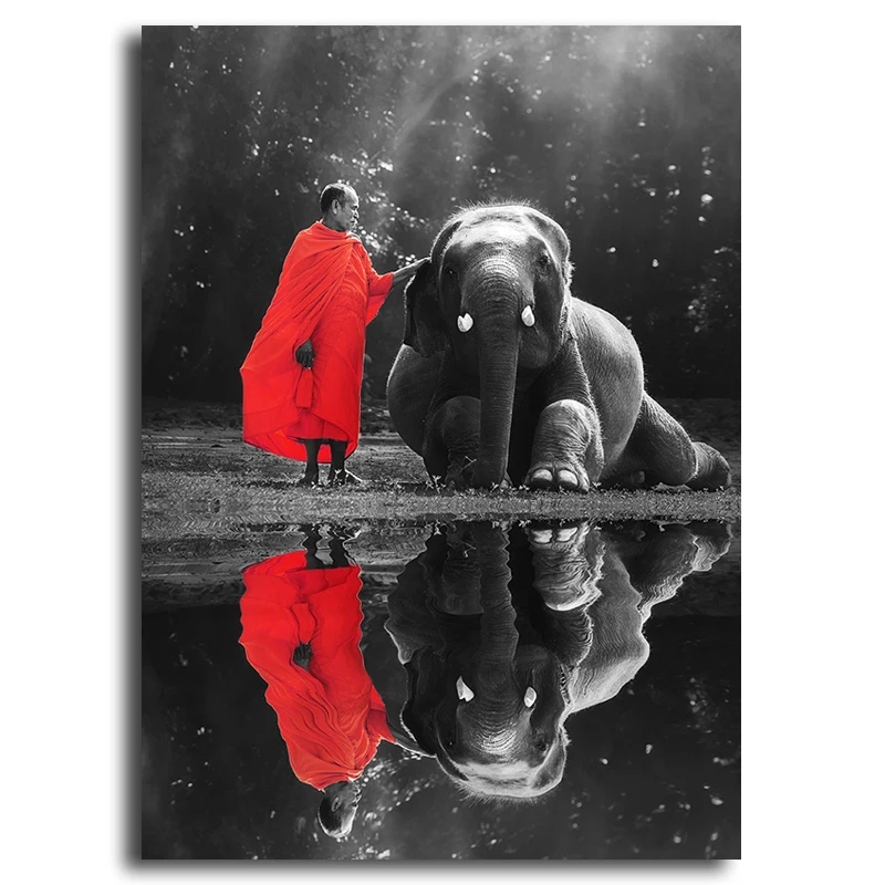 

Black and white zen Elephant and buddha Oil Painting on Canvas red Art Modern Wall Picture for Living Room Decor Office