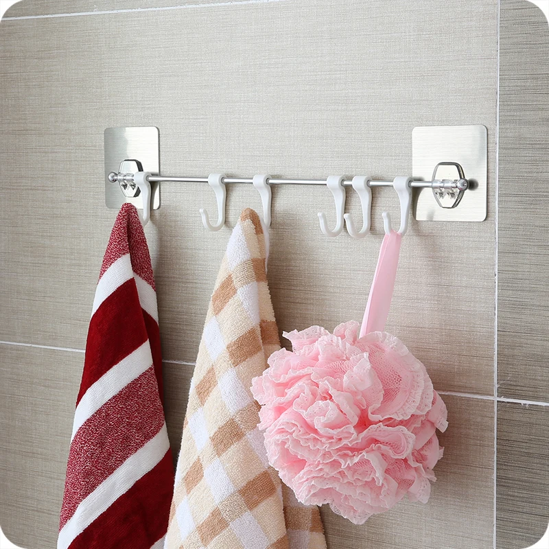 Stainless Steel Bathroom Towel Holder with 6 hooks nail free clothes