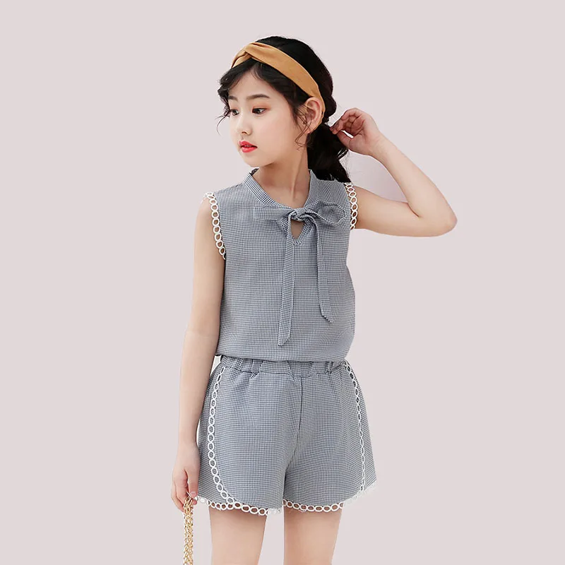 

Girls Clothes Suits 2019 New Summer Children Clothing Sets Cotton Plaid Sleeveless Vest+Shorts 4 6 8 10 12 13 Years Girls Suit